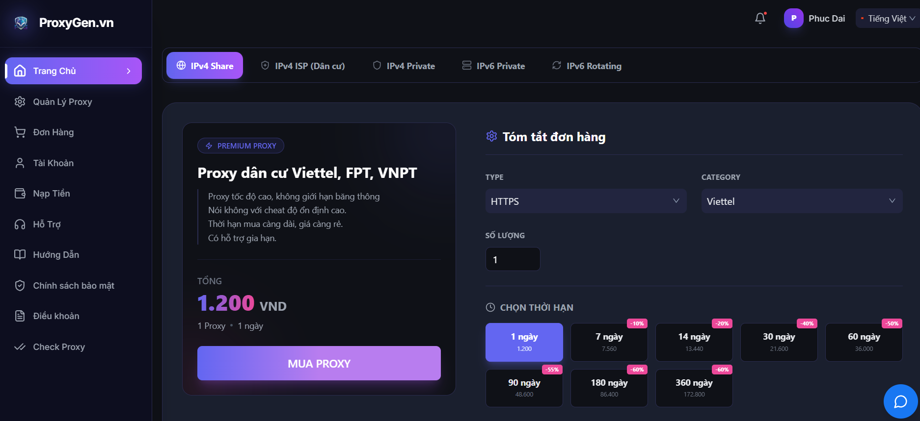 Giao diện quản lý Proxy tại ProxyGen.Vn